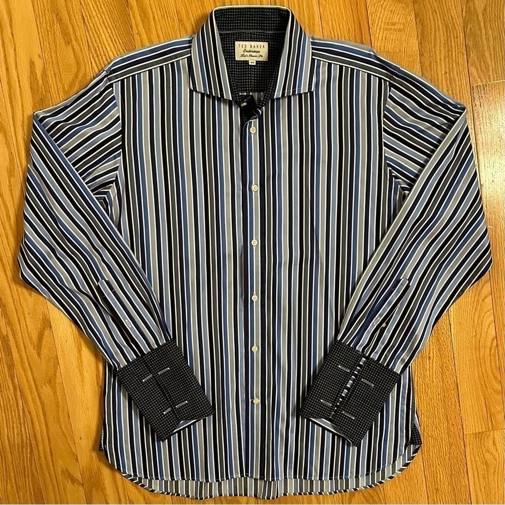 Ted Baker Endurance button up collared shirt cuff sleeves blue stripe 16.5 NEW